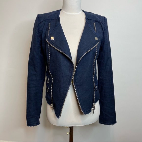 Veronica Beard Navy Blue Moto Jacket Double Zip Fringe Size 0 Stevie - Picture 1 of 16